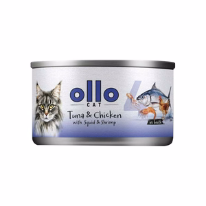 Ollo Cat No. 4 – mitrā kaķu barība ar tunci, vistas gaļu, kalmāriem un garnelēm buljonā, 70 g