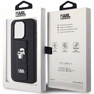 Karl Lagerfeld Gripstand Saffiano Karl&Choupette Pins viedtālruņa apvalks iPhone 15 Pro Max - melns