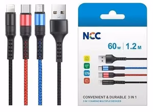 Кабель USB NCC lightning+micro+USB-C (60W) 1м чёрный