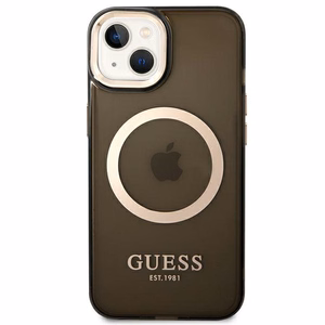 Guess GUHMP14SHTCMK iPhone 14 6.1" melns/melns cietais apvalks Zelta kontūra Daļēji caurspīdīgs Magnētiskais