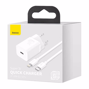 Зарядное устройство Baseus Super Si 20W USB-C + кабель USB-C на Lightning 1.0m белый TZCCSUP-B02