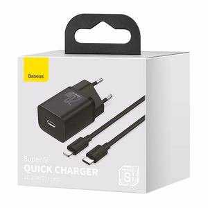 Baseus Super Si 20W USB-C lādētājs + USB-C – Lightning kabelis 1 m, melns