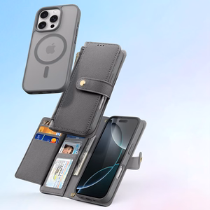 Dux Ducis Lawa ādas apvalks iPhone 16 Pro Max ar noņemamu magnētisko maku - pelēks