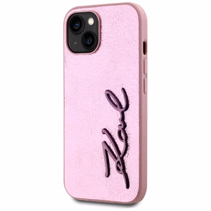 Karl Lagerfeld Wrinkled Metal Signature viedtālruņa apvalks iPhone 15 - rozā
