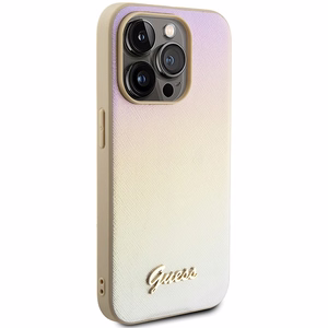 Guess Saffiano Iridescent Script apvalks iPhone 14 Pro - zelts
