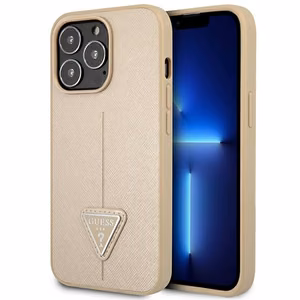 Guess GUHCP14LPSATLE iPhone 14 Pro 6,1 beiges krāsas kietais viedtālruņa apvalks SaffianoTriangle Logo