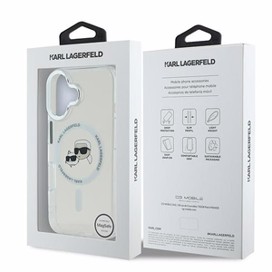 Karl Lagerfeld IML Metal Karl&Choupette Head magnētiskais viedtālruņa apvalks iPhone 16 - balts