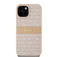 DKNY Ādas mono svītra un metāla logotips viedtālruņa apvalks iPhone 15 Plus / 14 Plus - rozā