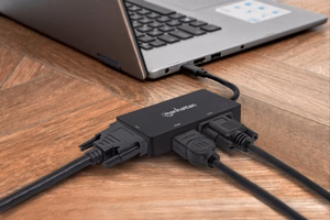 Manhattan USB-C dokācijas stacija/centrmezgls ar DVI-I, HDMI un VGA portiem, melna