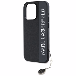 Karl Lagerfeld Saffiano ar rhinestones un šarma viedtālruņa apvalks iPhone 15 Pro Max - melns