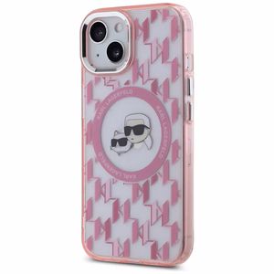 Karl Lagerfeld IML Monogramma Karl & Choupette Head Magnētiskais iPhone 15 viedtālruņa apvalks - rozā
