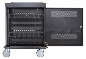 Manhattan klēpjdatora uzlādes ratiņi ar AC adapteri (ES) 32 nodalījumi, piemēroti visiem klēpjdatoriem (līdz 15,6"), iPad, MacBook, Chromebook un citām USB-C ierīcēm, nodalījumu izmēri 380x30x280mm, skapītis, ar atslēgu
