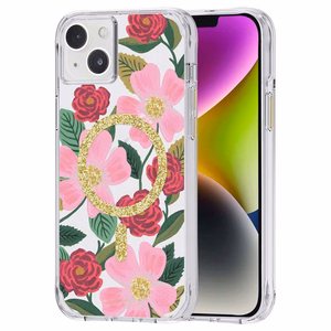 Rifle Paper Clear MagSafe vāciņš ierīcei iPhone 14 Plus, ar zelta krāsas rotājumu, ar “Rose Garden” rakstu