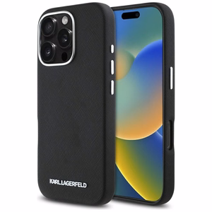 Karl Lagerfeld Saffiano pilnībā pārklāts iegarena metāla logotipa magnētiskais viedtālruņa apvalks iPhone 16 Pro Max - melns