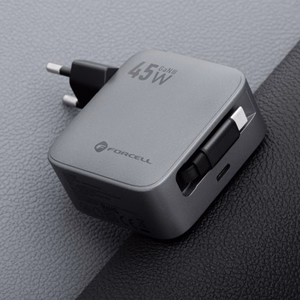 FORCELL F-ENERGY GaN III VT-R5 ceļojumu lādētājs ar izvelkamu kabeli Type C un Type C uzlādes portu PD QC4.0 3A 45W pelēks