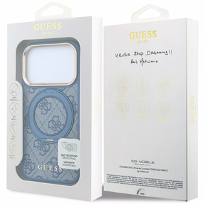 Guess 4G Classic Logo vāciņš modelim iPhone 18 Pro Max / 17 Pro Max, ar 360° gredzenu-statīvu, saderīgs ar MagSafe – zils