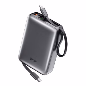 BWOO Внешний аккумулятор P73 22,5W 20000 мАч со встроенными кабелями 1x USB-C 1x Lightning чёрный