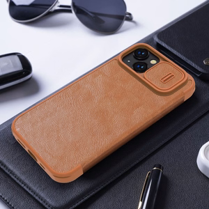 Nillkin Qin ādas apvalks iPhone 14 Plus ar kameras vāciņu un maciņu zils