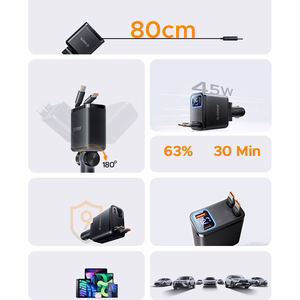 Orico Twin Reach 45W USB-A + USB-C auto lādētājs ar diviem izvelkamiem USB-C kabeļiem - melns