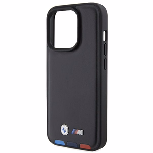 BMW BMHCP15L22PTDK viedtālruņa apvalks iPhone 15 Pro 6.1" melns/melns ādas ar trīskrāsu emblēmu