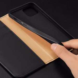 Dux Ducis Hivo ādas atveramais apvalks no dabīgās ādas ar karšu un dokumentu maciņu iPhone 14 Plus, melns