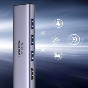 Ugreen daudzfunkcionāls HUB USB Type C - 3x USB 3.2 Gen 1 / HDMI 4K 60Hz / SD un TF karšu lasītājs pelēks (60383 CM511)