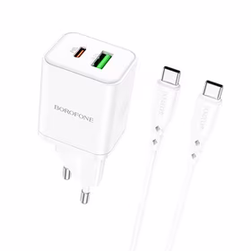 Borofone Sienas lādētājs BN7 - USB + Type C - QC 3.0 PD 20W ar Type C uz Type C kabeli balts