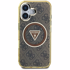 Guess IML Metal Glitter 4G Circle Triangle magnētiskais viedtālruņa apvalks iPhone 16 - brūns