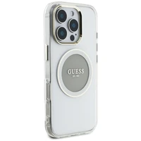 Guess IML Metal Colored Circle Classic Logo Magnētiskais viedtālruņa apvalks iPhone 16 Pro - pelēks