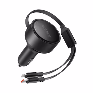 Orico Dual Stretch 60W USB-C auto lādētājs ar diviem izvelkamiem USB-C + Lightning kabeļiem - melns