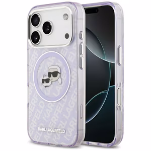 Karl Lagerfeld IML Mirdzošais Karl & Choupette Heads Logo magnētiskais viedtālruņa apvalks iPhone 17 Pro - violets