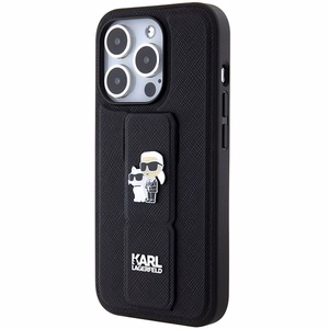 Karl Lagerfeld Gripstand Saffiano Karl&Choupette Pins viedtālruņa apvalks iPhone 14 Pro - melns