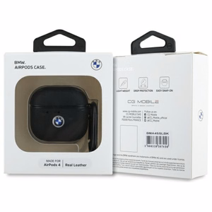 BMW BMA4SSLBK AirPods 4 ādas apvalks melns/sudraba ar sudraba logotipu