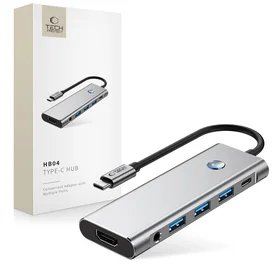 Tech-Protect HB04 HUB adapteris 9in1 USB-C + USB2.0 + USB3.0 + HDMI 4K 60Hz + SD / TF + PD100W + AV3.5 - pelēks