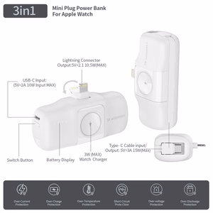 Wozinsky WF16-YLS 5000mAh 15W Lightning mini portatīvais lādētājs ar iebūvētu USB-C kabeli un Apple Watch lādētāju - balta