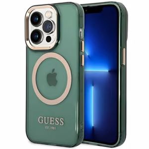 Viedtālruņa apvalks Guess GUHMP14LHTCMA iPhone 14 Pro 6.1" zaļa/haki cietais apvalks Zelta Kontūra Caurspīdīgs MagSafe