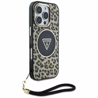 Guess HC IML leoparda trīsstūra auklas siksna MagSafe apvalks iPhone 16 Pro - brūns