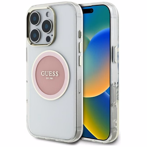 Guess IML Metal Colored Circle Classic Logo Magnētiskais viedtālruņa apvalks iPhone 16 Pro Max - rozā