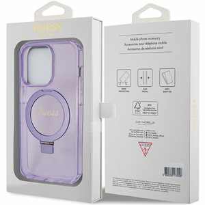 Guess viedtālruņa apvalks ar statīvu Ring Stand Script Glitter magnētiskais iPhone 15 Pro - violets