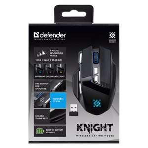 DEFENDER GM-885 Knight bezvadu spēļu pele, 3200 dpi, 8 pogas, melna