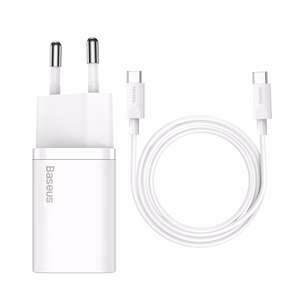 Baseus Si USB-C 25W 3A ātrās uzlādes lādētājs ar USB-C / USB-C 1m kabeli - balts