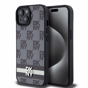 DKNY Ādas rūtainais mono raksts un drukātās svītras viedtālruņa apvalks iPhone 15/14/13 - melns