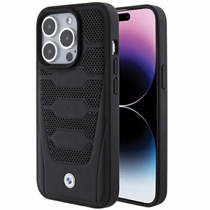 BMW ādas sēdekļu raksts viedtālruņa apvalks iPhone 15 Pro Max - melns
