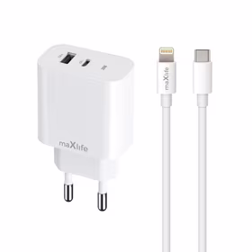 Maxlife MXTC-06-20AC PD QC lādētājs 1x USB-C 1x USB 20W balts + USB-C - Lightning kabelis 20W