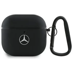 Mercedes MEA4CSLBK AirPods 4 ādas apvalks ar metāla logotipu, melns