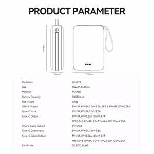 BWOO Внешний аккумулятор P73 22,5W 20000 мАч со встроенными кабелями 1x USB-C 1x Lightning чёрный