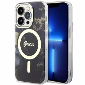 Guess GUHMP14XHTMRSK iPhone 14 Pro Max 6.7" melns cietais apvalks Golden Marble Magnētiskais