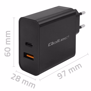 Qoltec 52380 ātrais PD lādētājs 1xUSB-C, 1xUSB, 65 W, melns