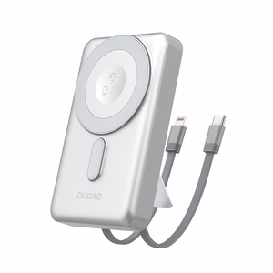 Dudao K29 10000mAh PD 20W Magnētiskā portatīvais lādētājs ar metāla apvalku, statīvu un iebūvētiem USB-C/Lightning kabeļiem - sudraba