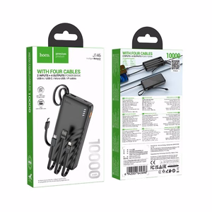 Portatīvais lādētājs Hoco 10000 mAh 2A ar četriem iebūvētiem kabeļiem USB A + USB C + Lightning + Micro USB J146 melns